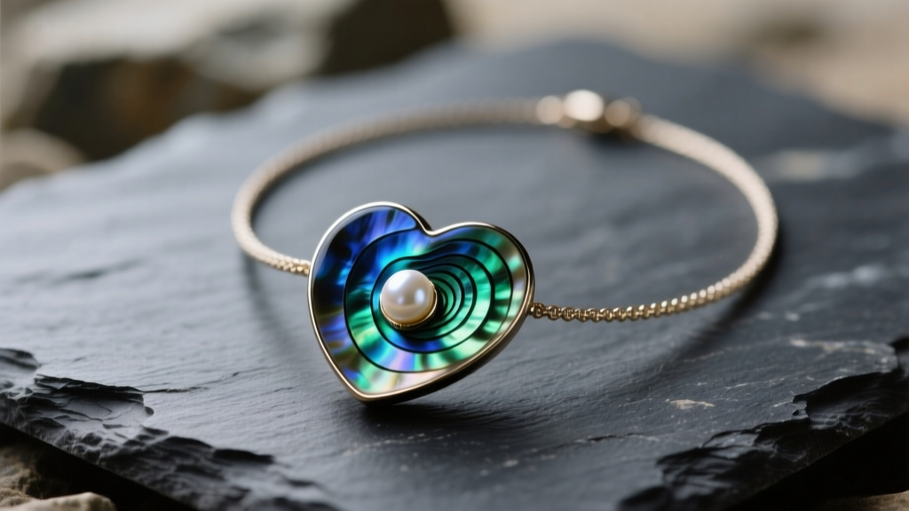 Macro shot of an iridescent abalone heart necklace on dark slate, highlighting deep blue and green shell swirls under soft light