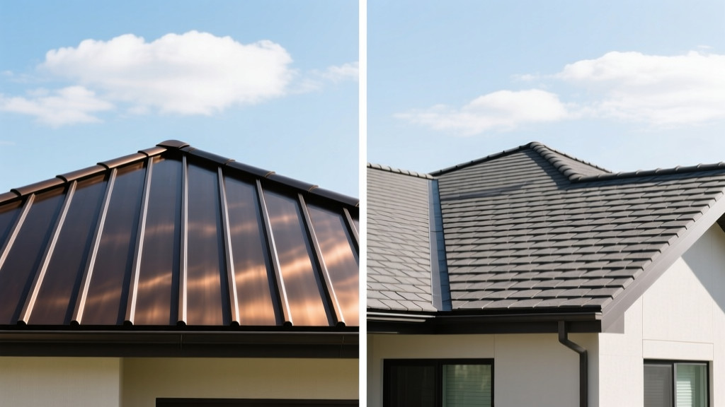 Split-view comparing a dark bronze standing seam metal roof and a textured synthetic slate tile roof under bright clear daytime skies