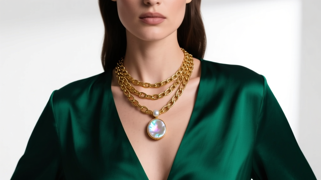 Editorial fashion shot of a model wearing a layered 14k gold and mother of pearl pendant necklace over a deep V-neck silk blouse