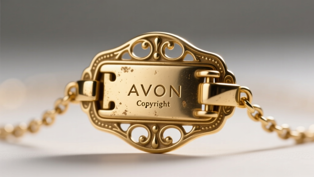 Macro photography of the back of a vintage Avon necklace clasp showing the engraved copyright AVON hallmark on gold-tone metal.