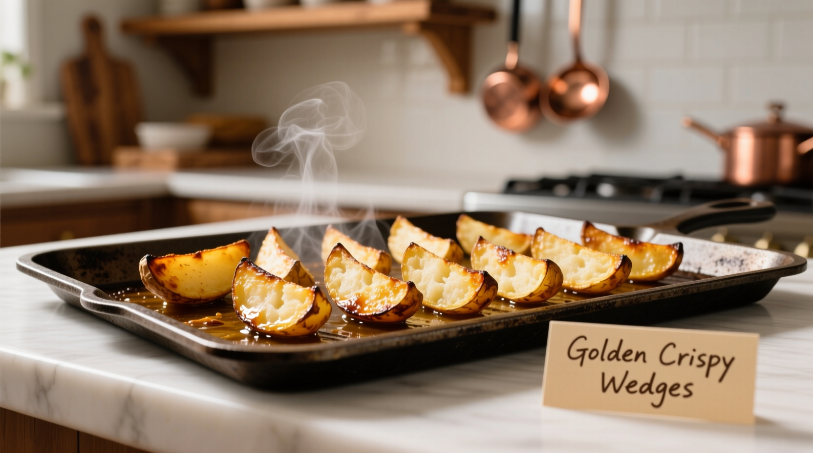 Perfectly roasted golden potato wedges on baking sheet
