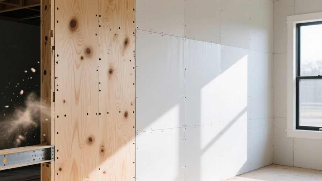 Split view showing a framed wall with exposed CDX plywood sheathing on the left and finished taped gypsum board on the right