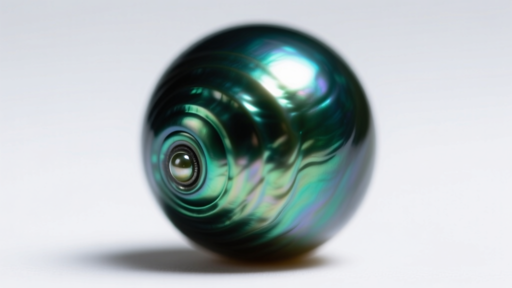 Macro close-up of a dark Tahitian baroque pearl showing peacock green overtones, circled by natural surface rings and ridges
