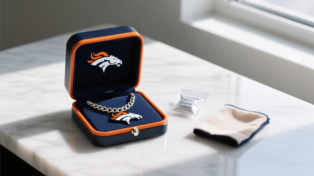 Anti-tarnish box holding a Denver Broncos chain necklace, beside silica gel packets and a treated microfiber polishing cloth.