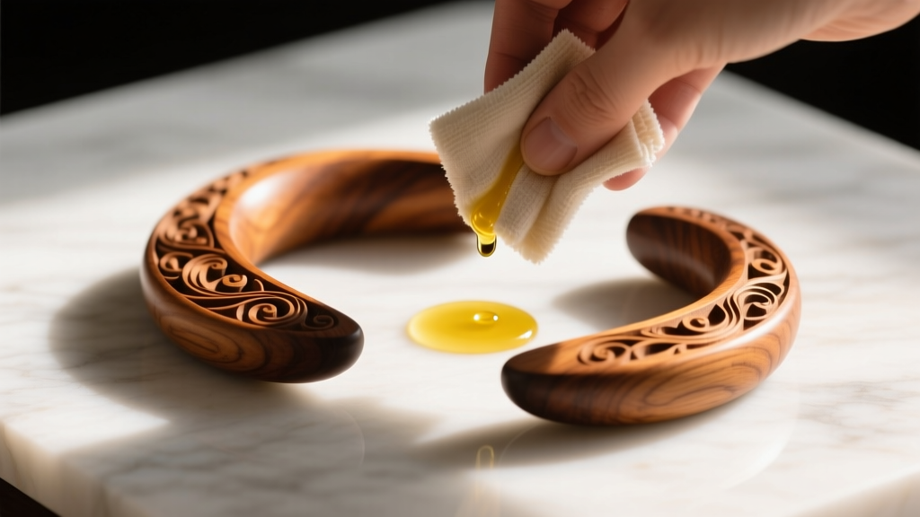 Carved wooden ear weights gently wiped with a soft cloth and jojoba oil on a marble surface under warm directional sunlight.