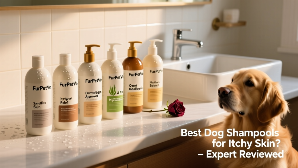 Side-by-side display of six FurPetVo dog shampoos on a clean bathroom counter, labeled for different skin concerns