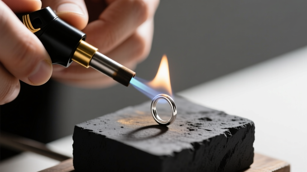 Hands holding a black butane micro-torch, heating a sterling silver jump ring on a charcoal soldering block.