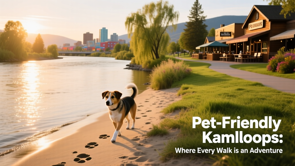 Scenic view of Thompson River with dog walking along sandy shoreline