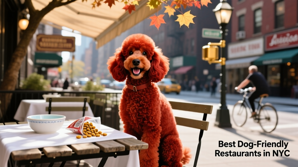 A joyful red toy poodle sitting beside a table at an outdoor NYC restaurant, with a water bowl and treat nearby