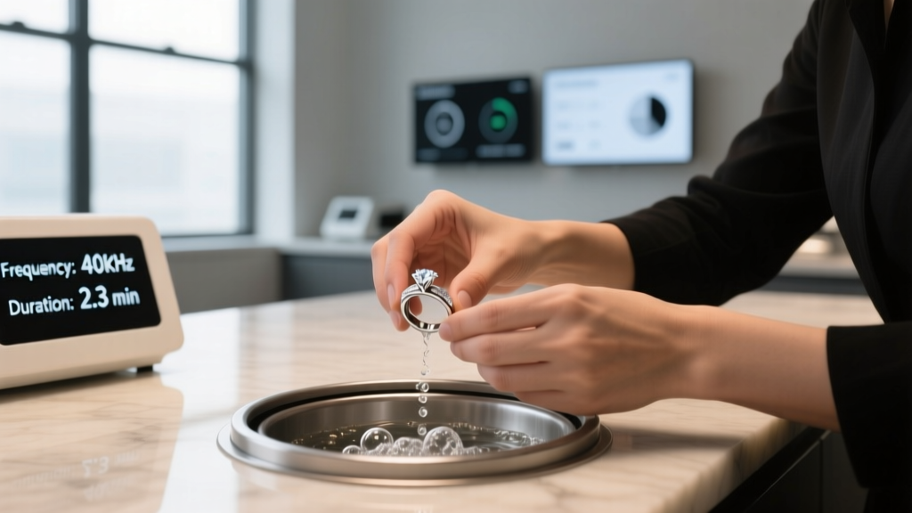 Jeweler using an ultrasonic cleaner to submerge a platinum ring, with digital displays visible in a softly blurred background