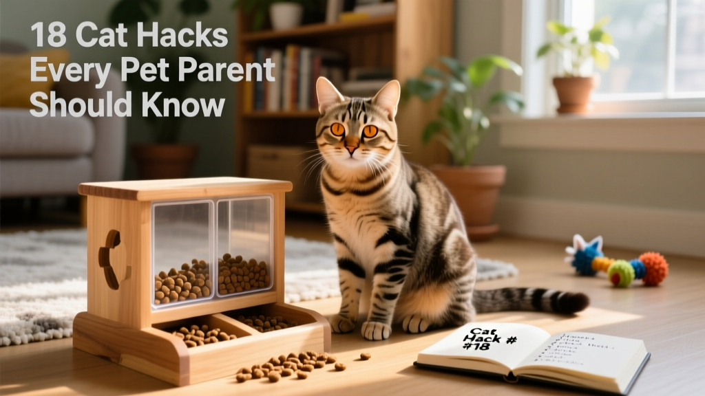 A relaxed cat sitting beside a puzzle feeder with kibble visible inside