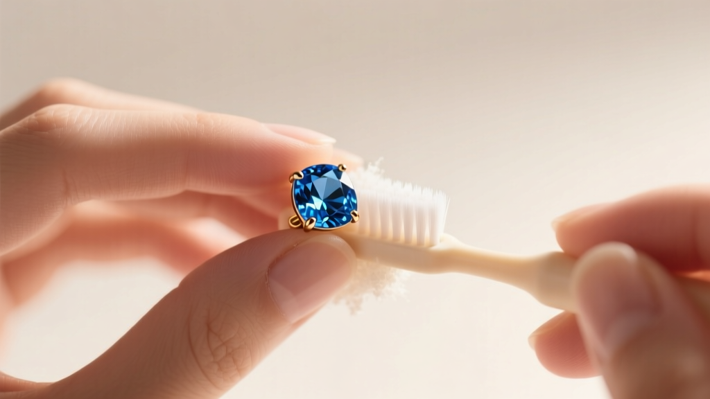 Hands gently scrubbing the pavilion of a blue topaz stud earring with a soft baby toothbrush under warm studio lighting