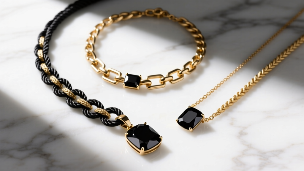 Overhead view of three black gemstone necklaces with rope, box, and wheat chains in mixed gold tones on a white marble surface