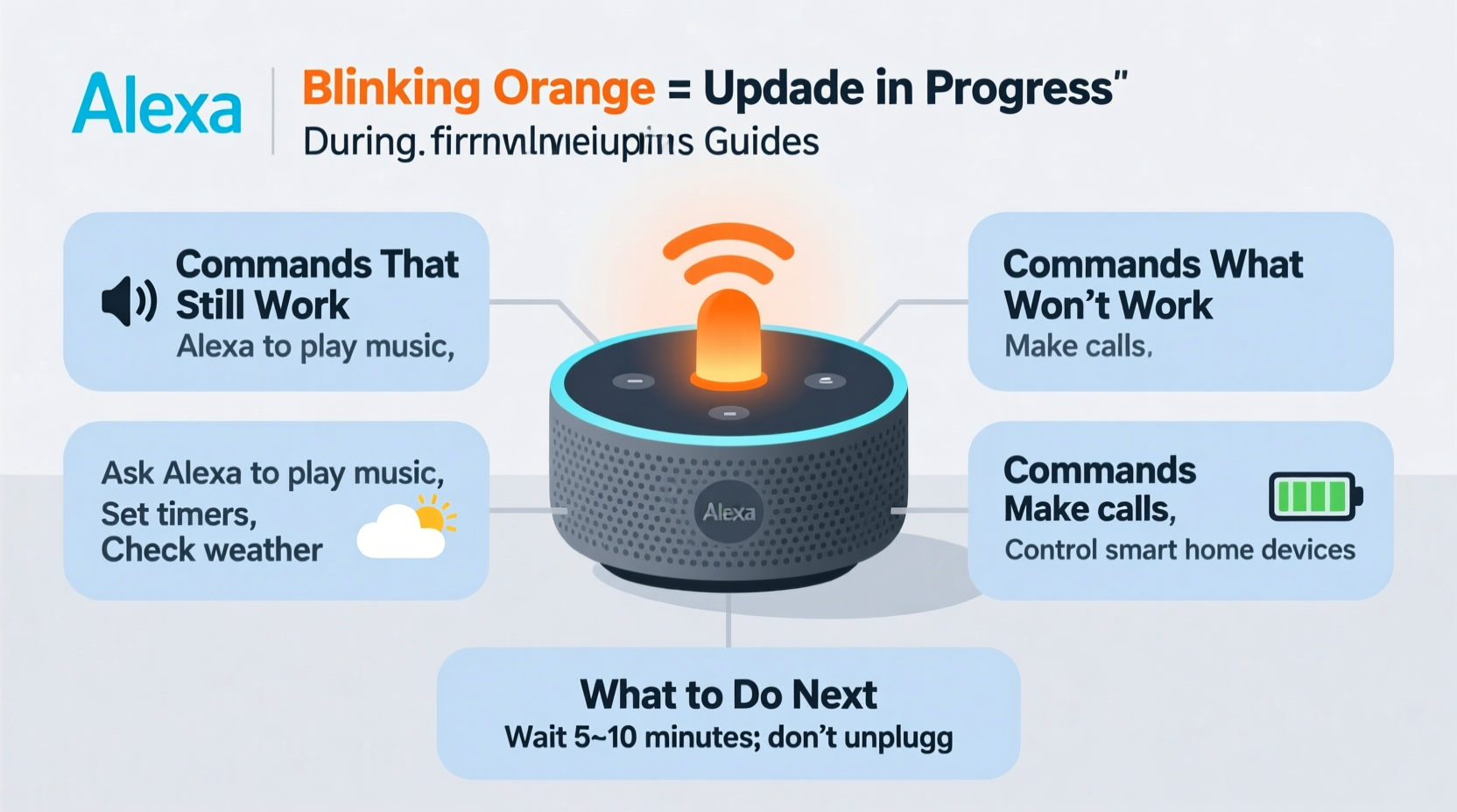 why is my alexa blinking orange and what commands still work during updates