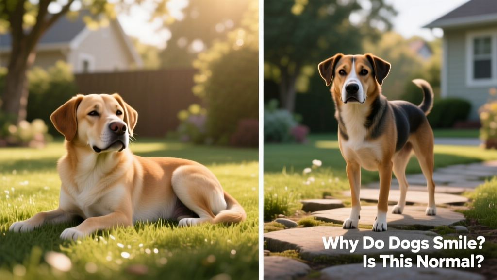 Side-by-side comparison showing a relaxed dog with gently upturned lips and a tense dog with stiff, horizontally lifted lips
