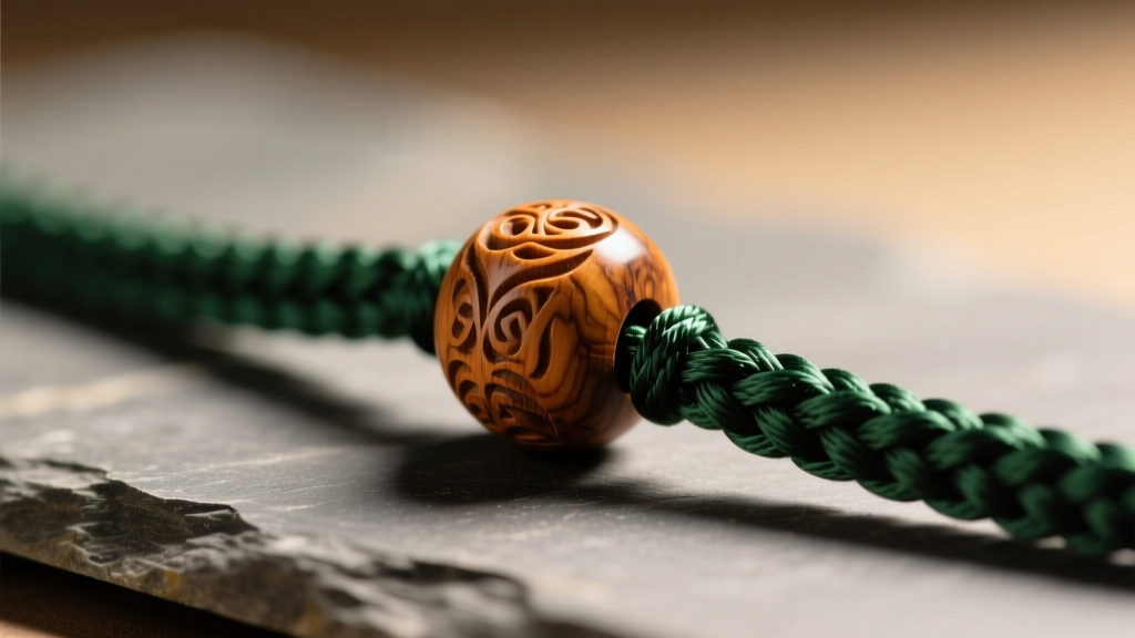 Macro shot of a carved boxwood ojime bead on a dark green silk kumihimo cord resting on slate under warm studio lighting.
