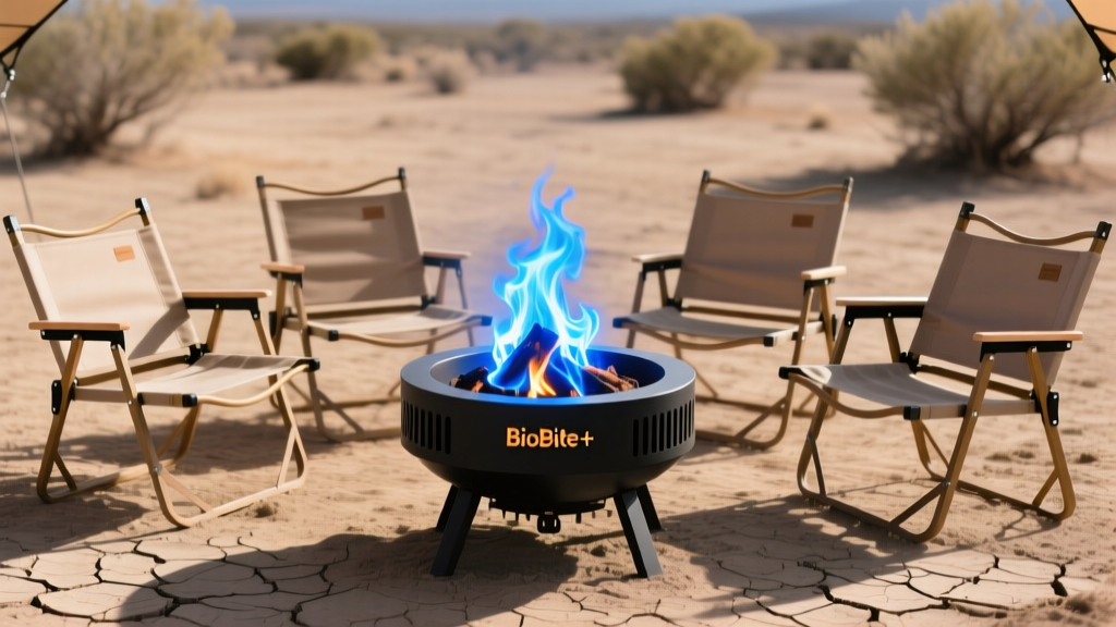 Glowing blue flames inside a BioLite FirePit+ portable fire pit surrounded by four folding canvas camp chairs on a dry dirt campsite
