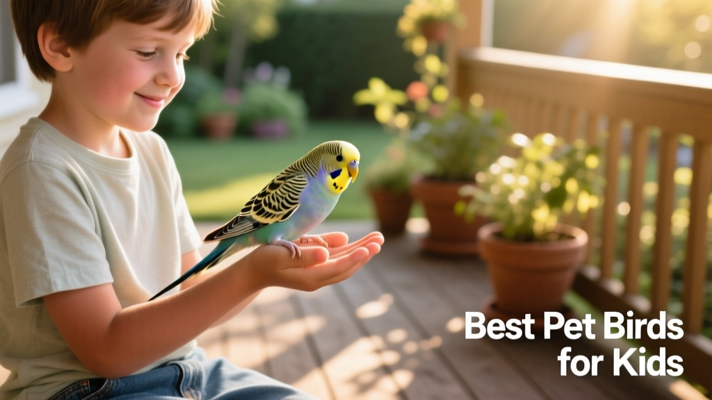 A calm, hand-tamed budgie perched gently on a child's open palm