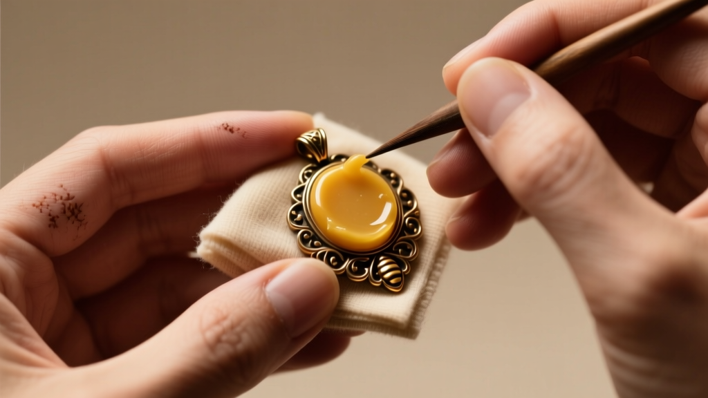 Macro shot of hands applying wax to a polished bronze pendant with a soft cloth under warm, directional studio lighting.