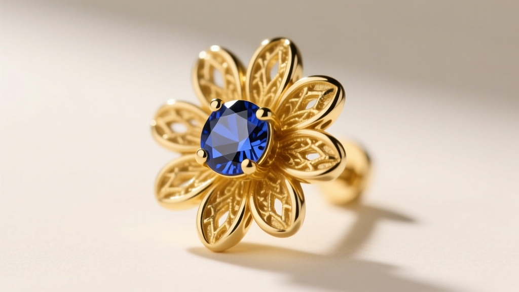 Close-up macro shot of an 18k yellow gold daisy flower stud earring with a bezel-set sapphire center, sharp focus on the textured petals.