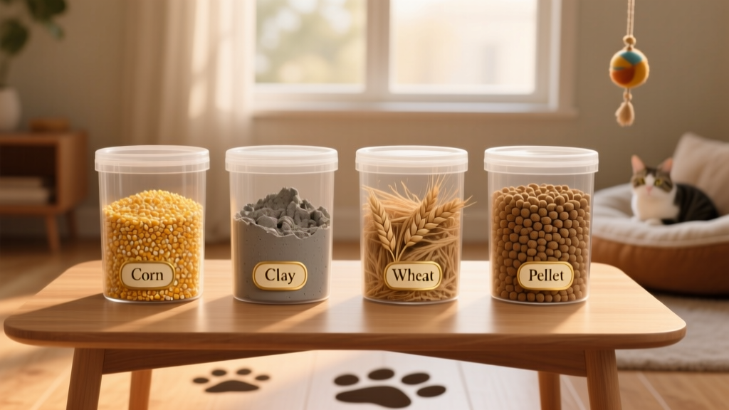 Side-by-side comparison of different litter types: corn, clay, wheat, and pellet litters in labeled containers