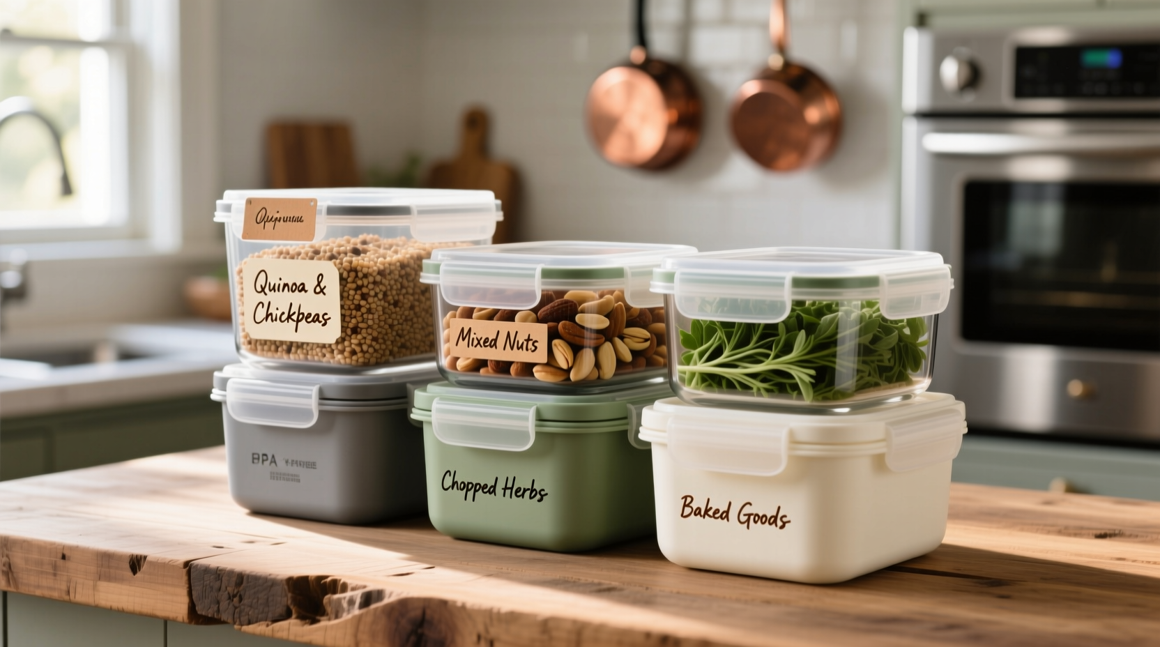 Professional food storage containers with labeled contents