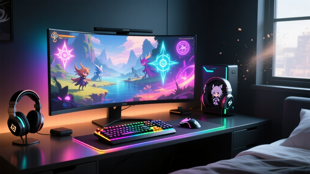 Vibrant anime-themed gaming setup with RGB lighting, a curved monitor displaying a JRPG, and ergonomic peripherals in a dark room.