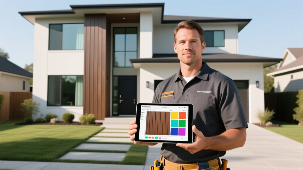 Contractor holding a tablet displaying a 3D vinyl siding material estimator interface outside a modern two-story suburban home