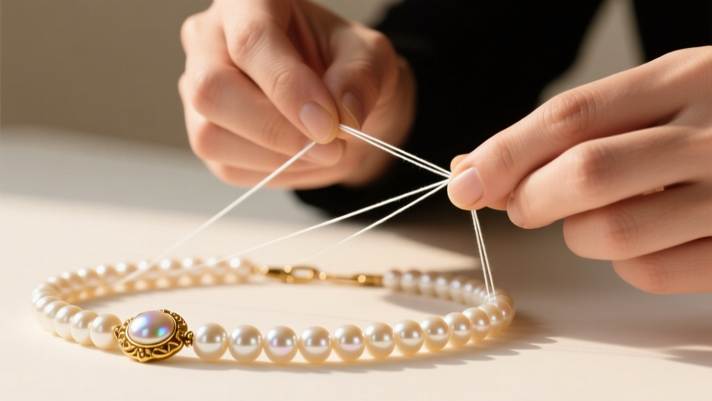 Jeweler restringing a vintage pearl necklace with white silk thread and French wire gimp near a gold clasp under bright light.