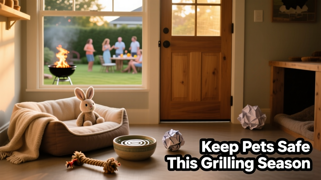 A calm indoor pet sanctuary: cozy bed, water bowl, familiar toys, and closed door—showing peace and safety amid outdoor party activity