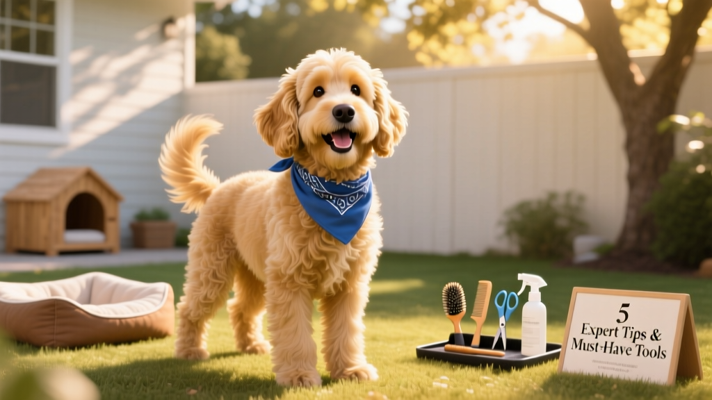 A happy Goldendoodle wearing a blue bandana after a tidy FurPetVo grooming session
