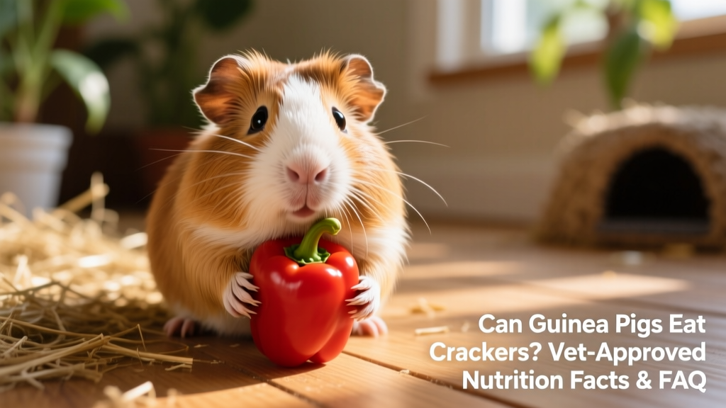 Happy guinea pig enjoying a small piece of bell pepper held gently in its paws