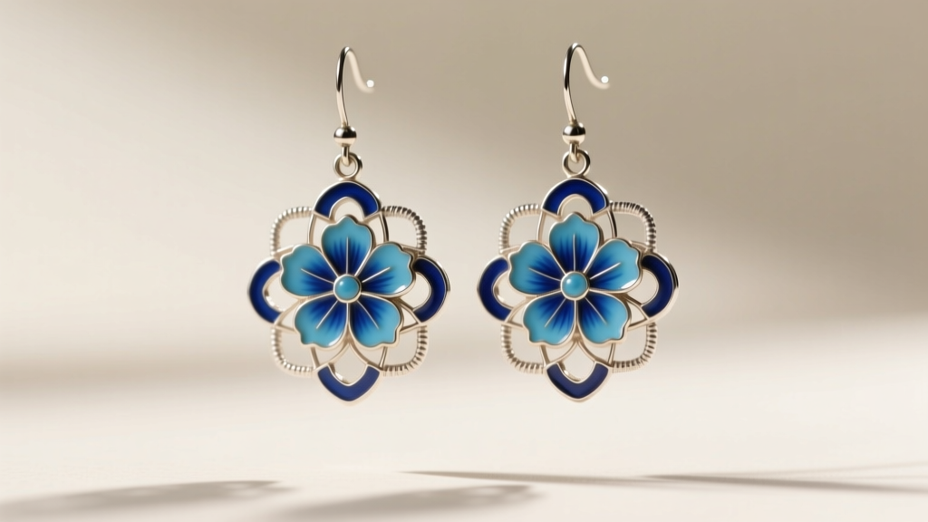 Close-up of vintage 1930s Chinese cloisonne drop earrings with blue enamel floral motifs and fine silver wire cells.