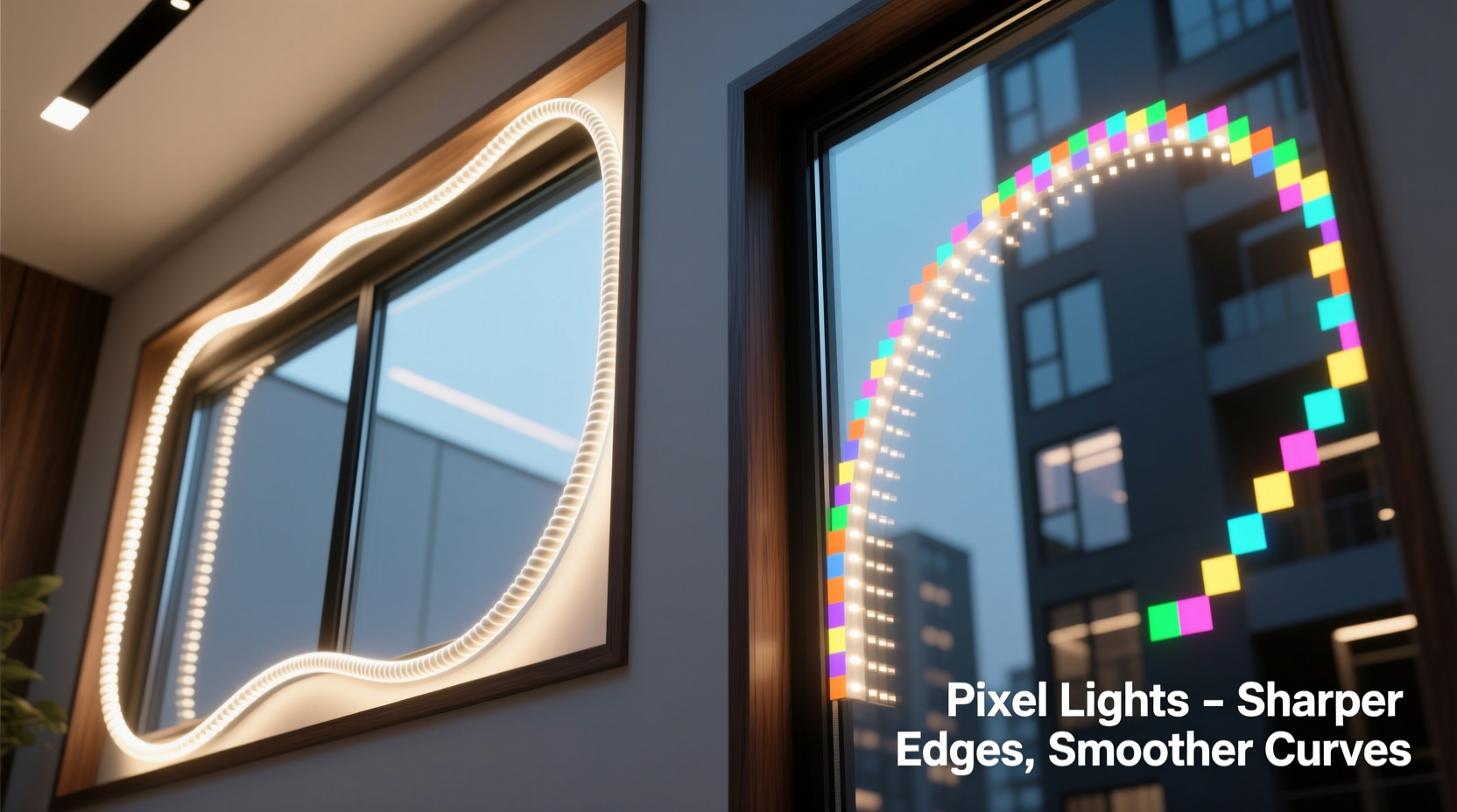 led rope lights vs pixel lights for outlining windows which creates sharper edges and smoother curves