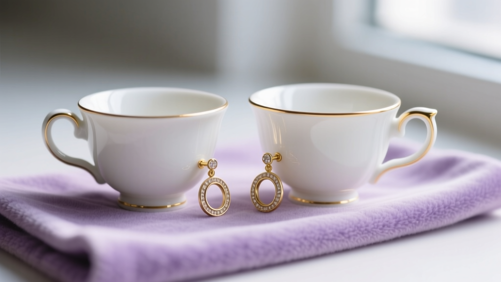 Macro shot of white porcelain teacup earrings with gold rims resting on a lavender microfiber cloth in soft natural light