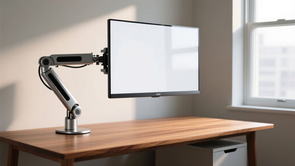 Side profile of an Ergotron LX monitor arm lifting a 27-inch 4K display above a shallow wooden desk, revealing empty workspace underneath