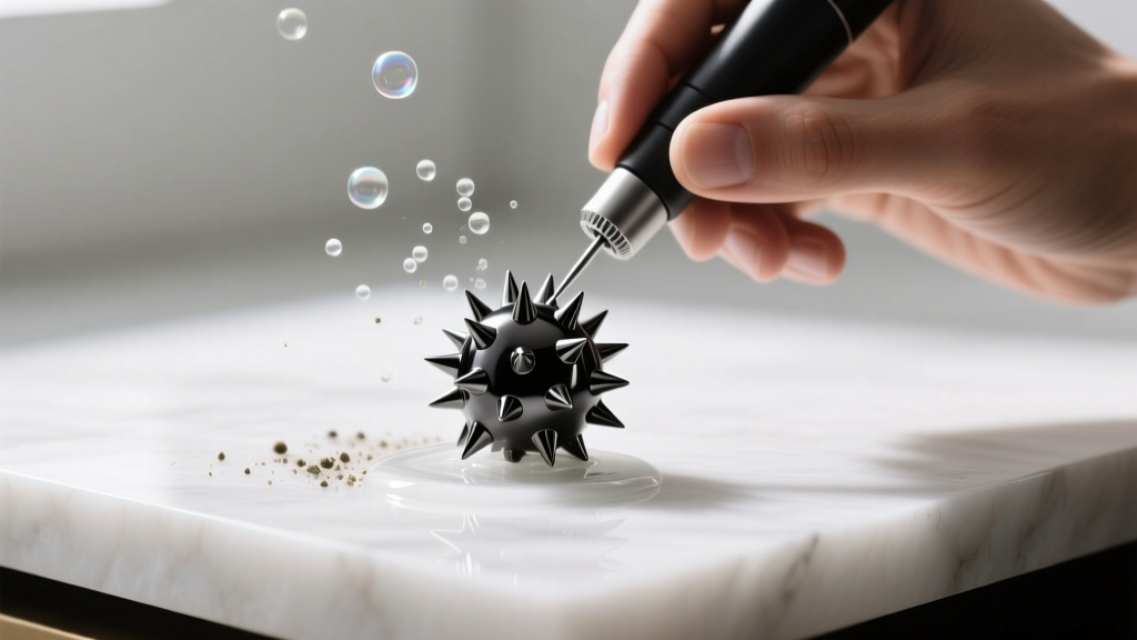 Overhead view of jeweler using ultrasonic cleaner to remove debris from deep crevices of a matte black steel spikeball earring