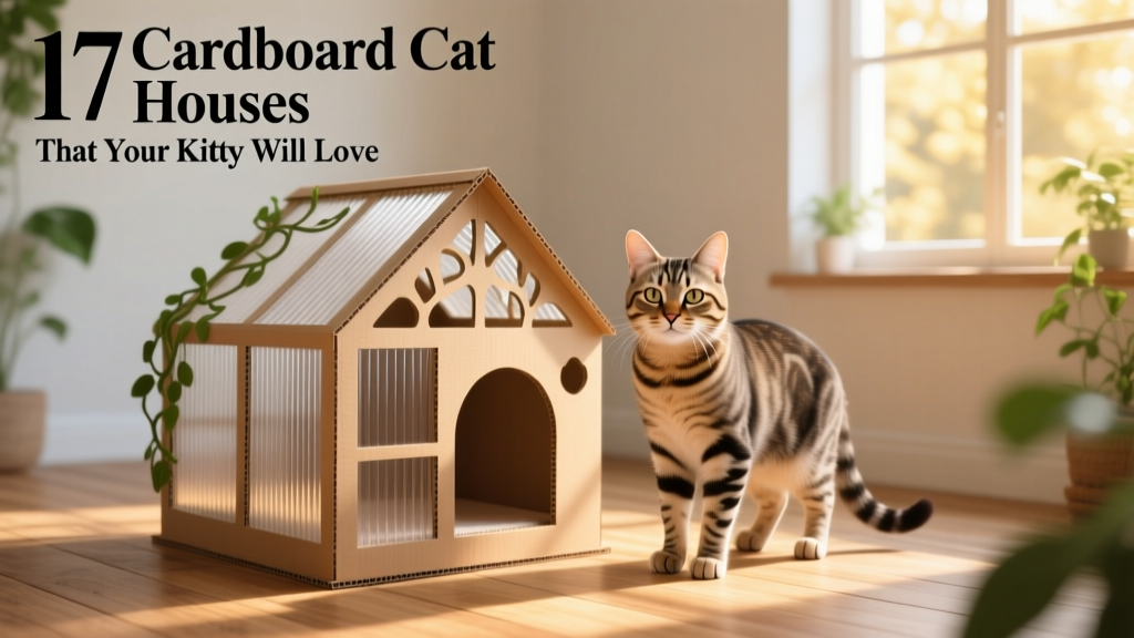 A cat standing beside a stylish cardboard cat house shaped like a miniature greenhouse