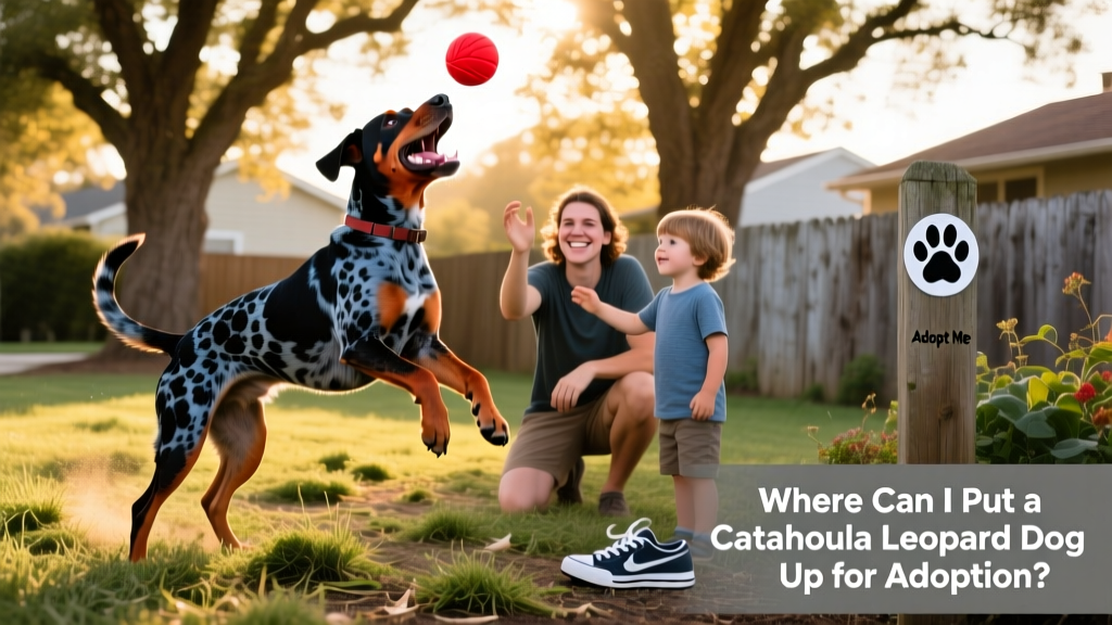 A Catahoula Leopard Dog happily playing fetch in a backyard with a young adult and a child