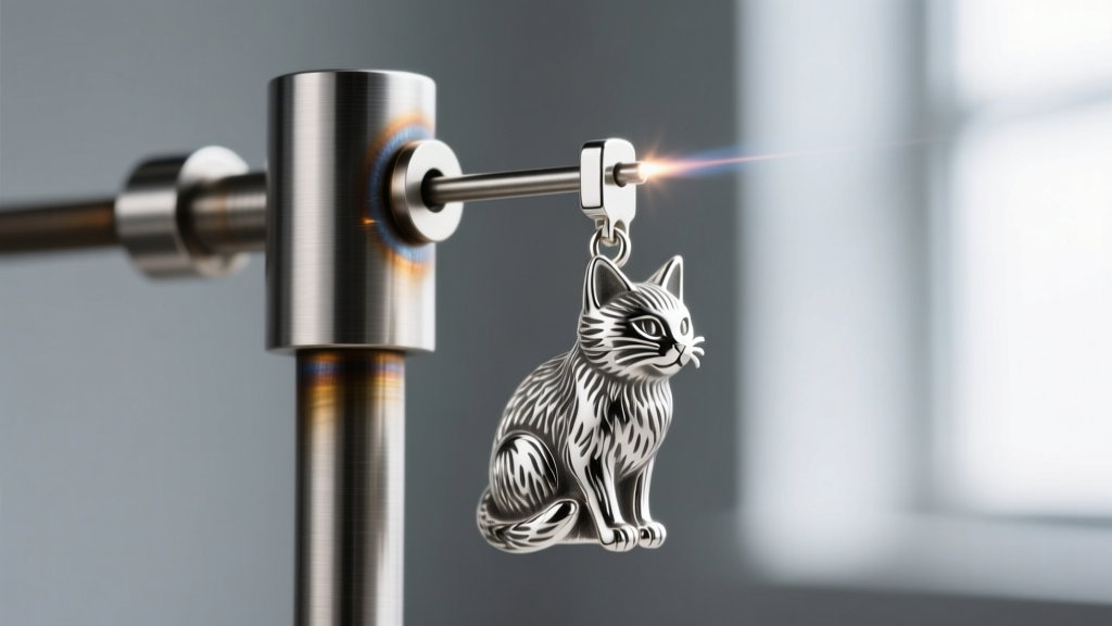 Close-up of a laser-welded 20-gauge post attached to the back of a cast sterling silver cat dangle earring on a jeweler's bench.