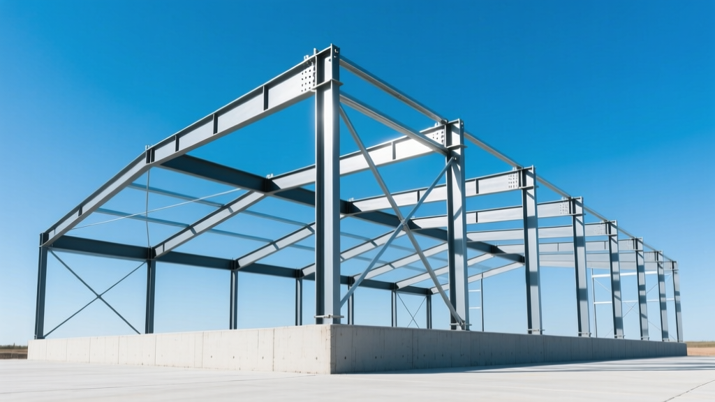 Partially erected 50x100 pre-engineered metal building frame with steel I-beams against a clear sky over a concrete foundation.