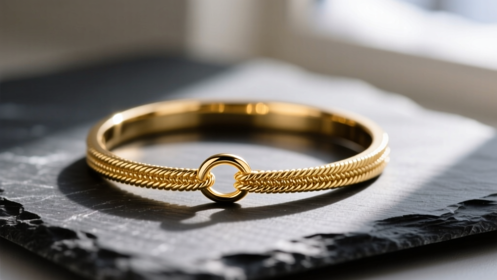 Close-up of a 14k solid gold permanent bracelet on dark slate, soft winter window light highlighting the micro-welded jump ring.