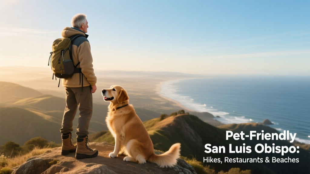 A hiker and their dog pausing at the summit of Bishop Peak to take in panoramic views of San Luis Obispo