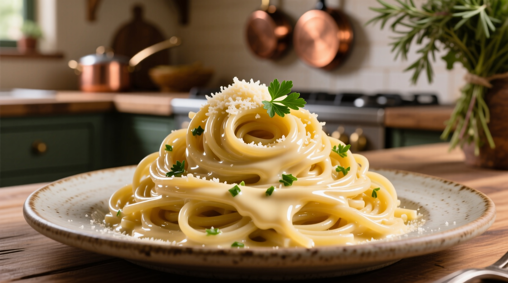 Creamy garlic butter sauce coating spaghetti strands