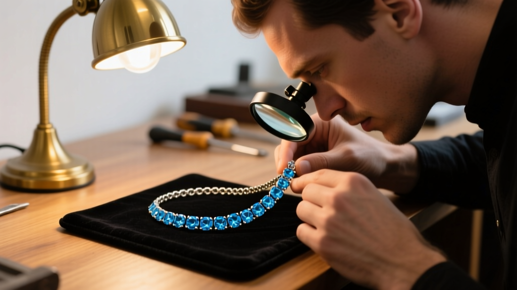 Jeweler using a loupe to inspect the prongs of a blue topaz tennis necklace on a black felt pad, warm workbench lamp lighting