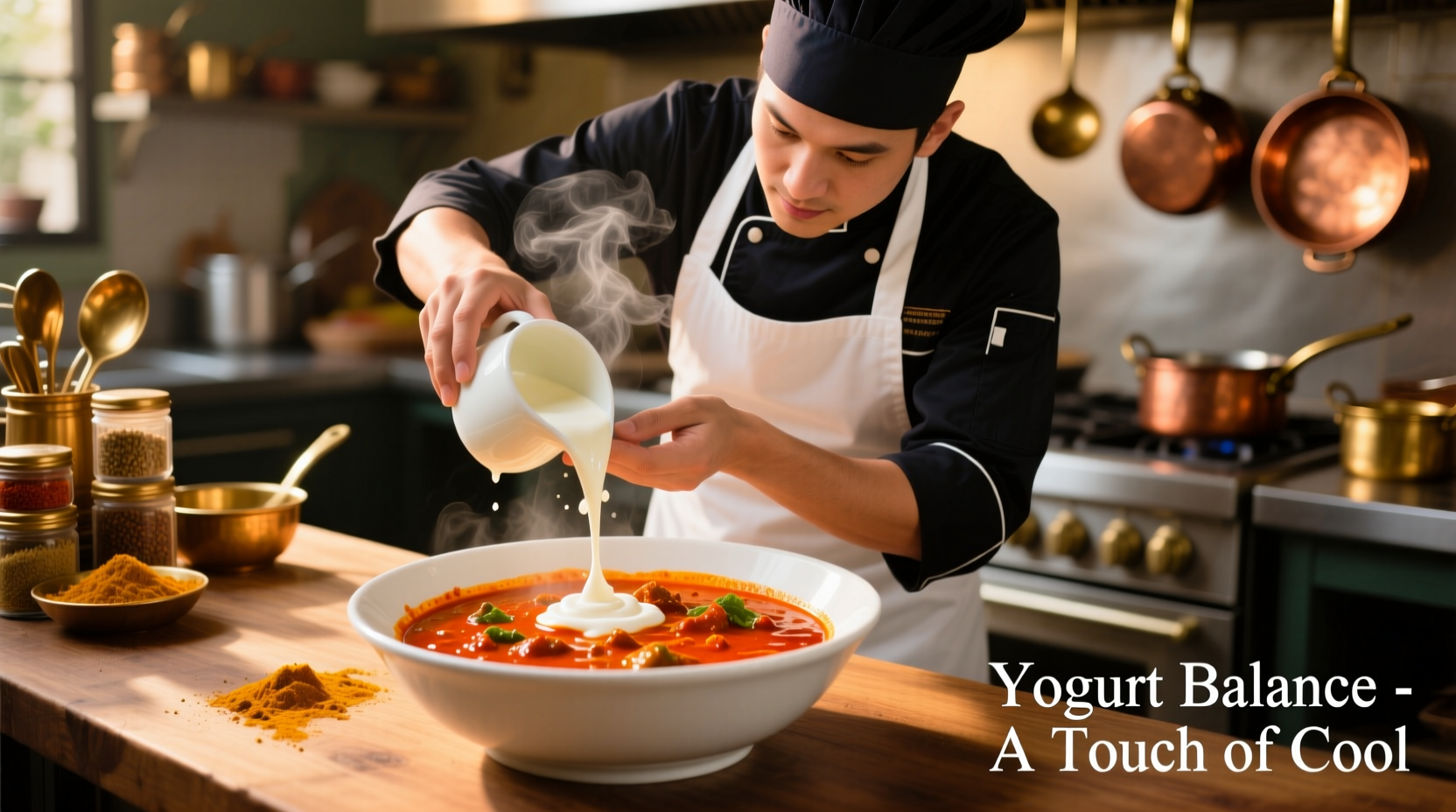 Chef adding yogurt to spicy curry in white bowl