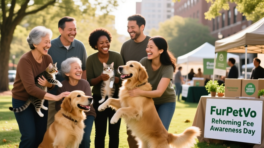 A diverse group of happy adopters smiling beside their newly adopted dogs and cats at a FurPetVo community adoption event