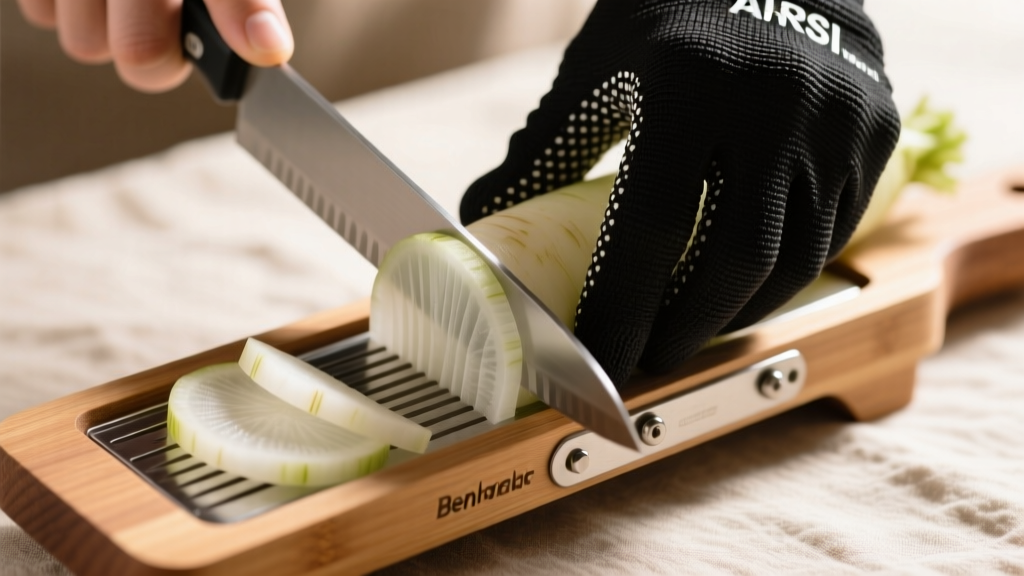 Slicing translucent daikon radish on a wooden Benriner mandoline slicer while wearing a black ANSI-rated cut-resistant safety glove