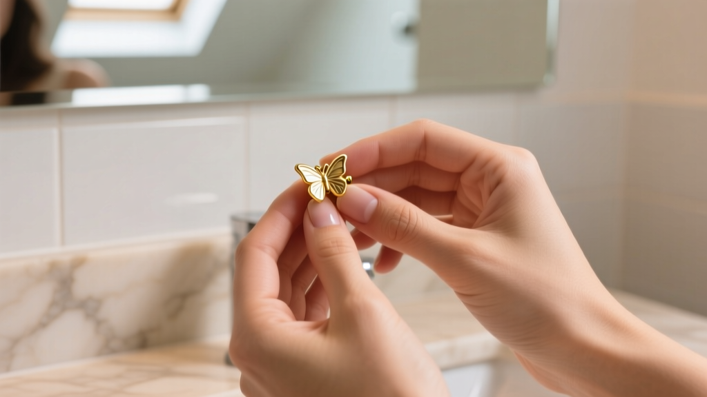 Hands gently holding a 20-gauge gold stud earring with a butterfly friction back under soft, warm natural bathroom lighting.