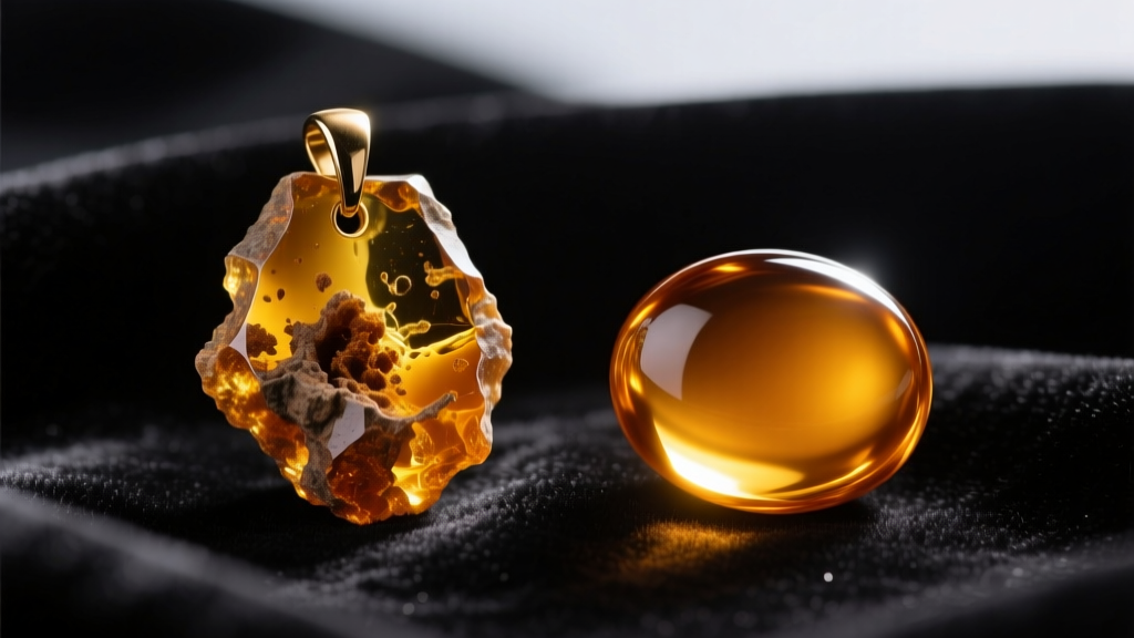 Macro shot of raw, unpolished Baltic amber pendant next to a highly polished, glowing cognac amber cabochon on a dark velvet cloth.